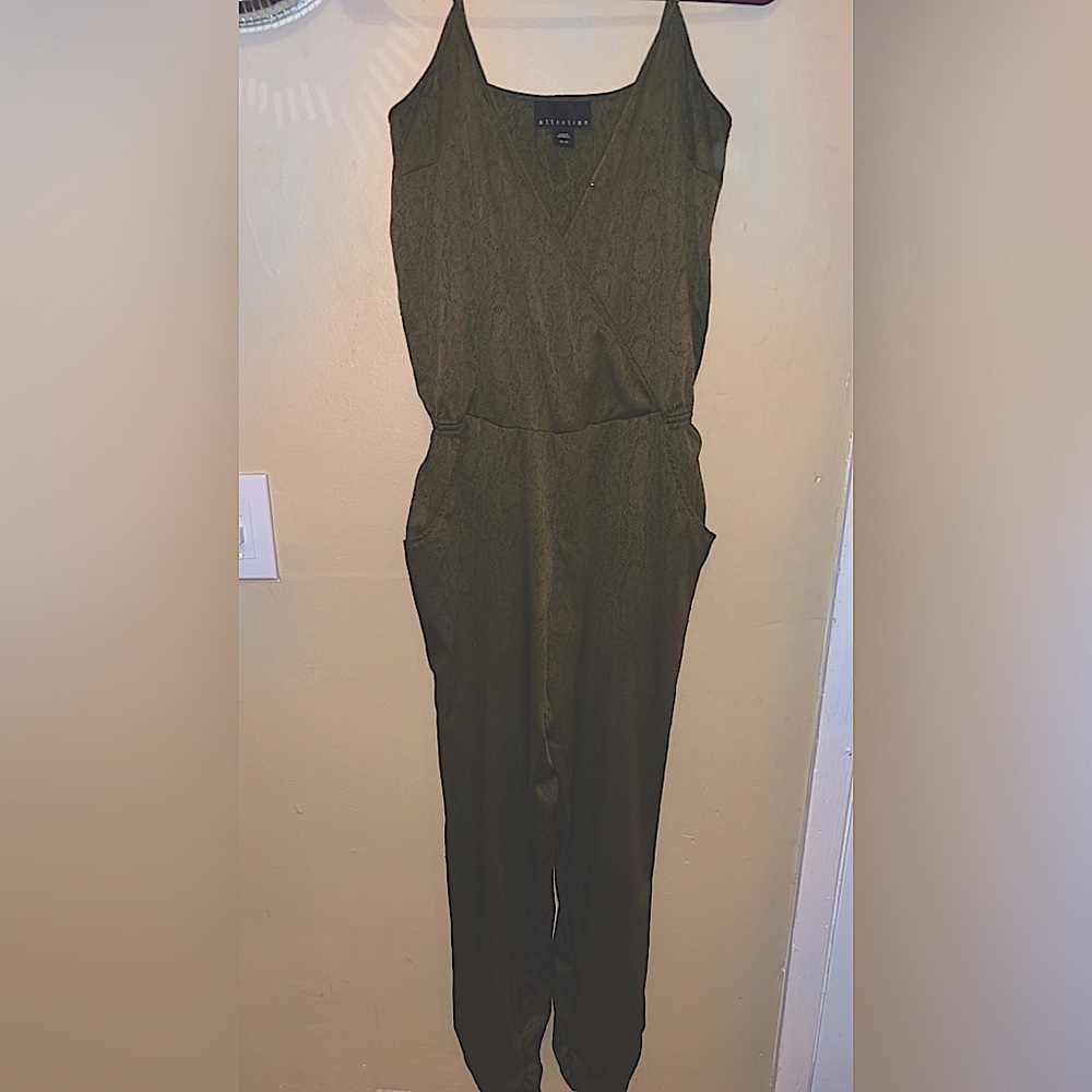 Attention Womens X Small Jumpsuit Olive Green Floral Deep V Neck Pantsuit